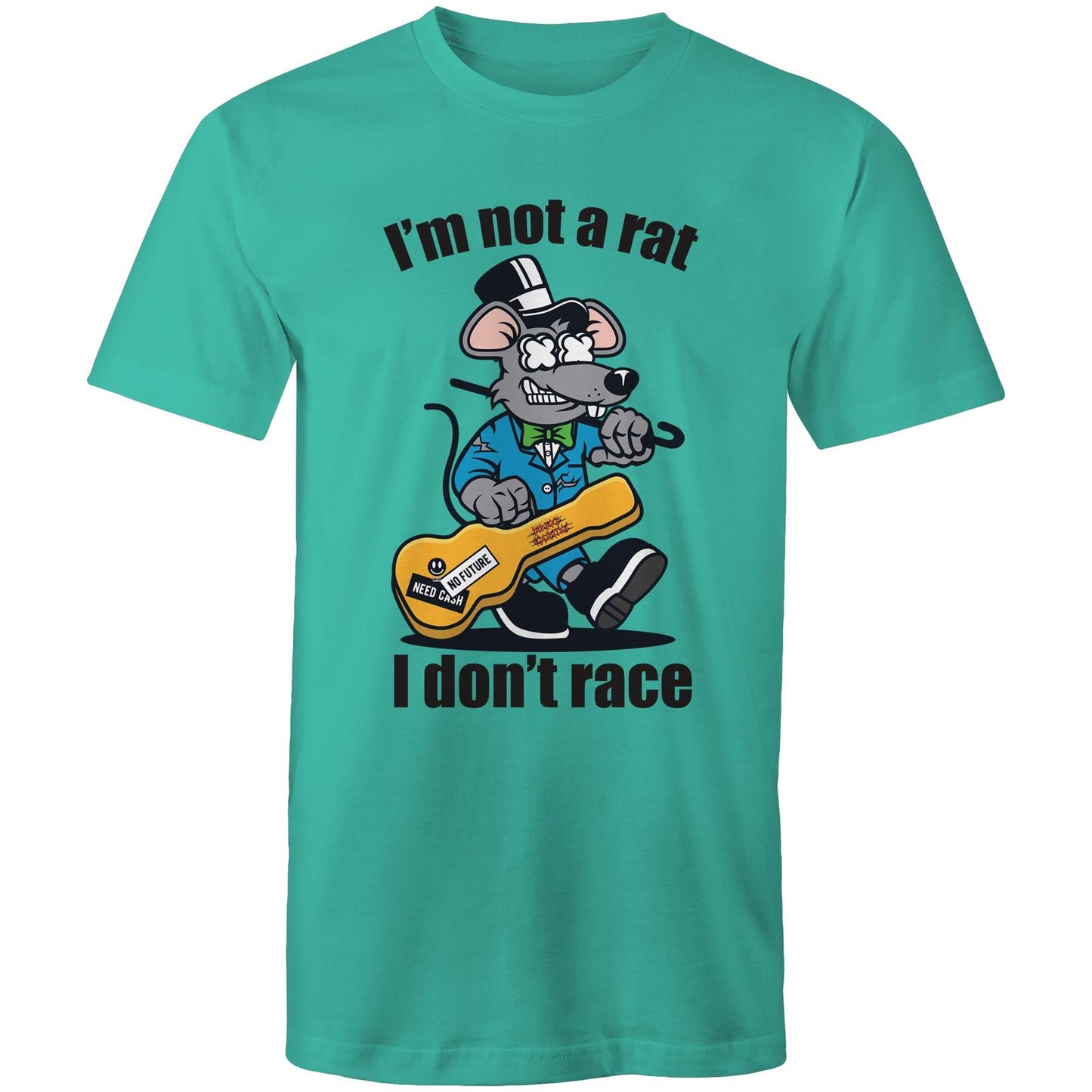 Men's teal t-shirt with a cartoon rat playing guitar and 'I'm Not a Rat, I Don't Race' text - part of Dingo Country's Art & Humour Collection.