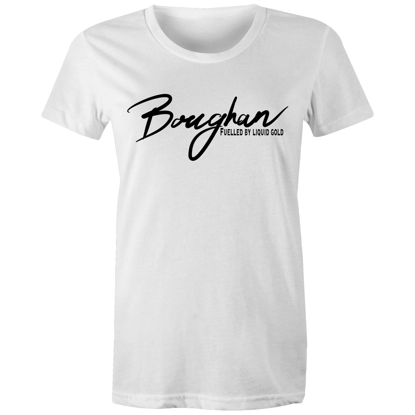 Front view of a white Women's Maple Tee with 'Boughan - Fuelled by Liquid Gold' text, celebrating Australian beer culture.