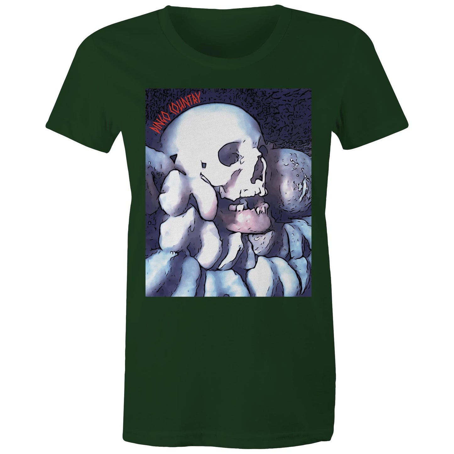 DC Skull print on Women's Maple Tee on forrest green shirt