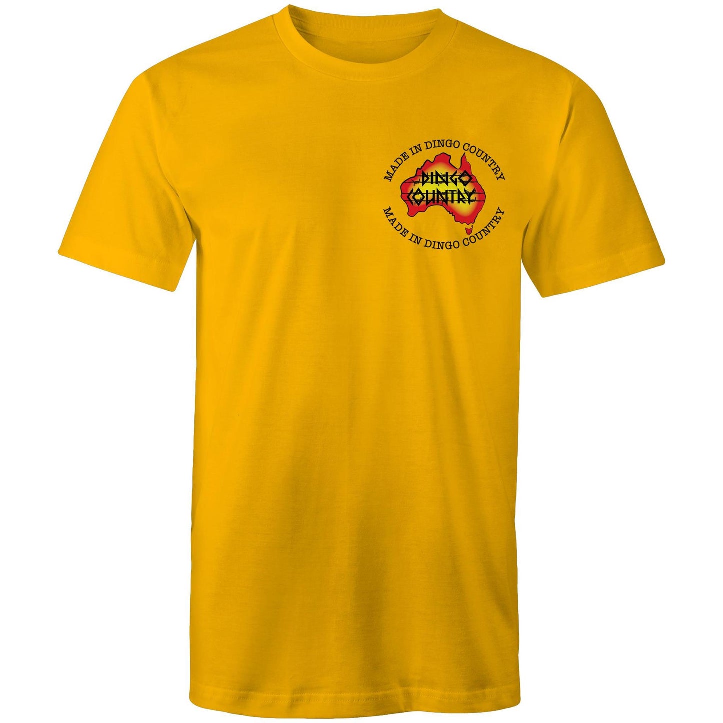 Front view of 'Fly in My Beer' Men's T-Shirt by Dingo Country – plain gold tee with the colourful logo reading 'Made in Dingo Country'
