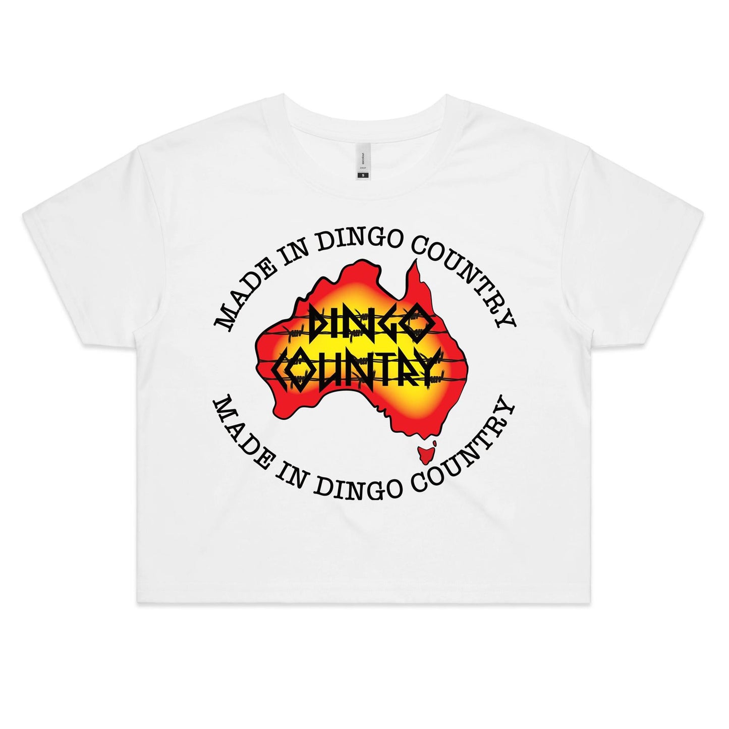White crop top t-shirt with a Dingo Country Australia map design and 'Made in Dingo Country' text, representing Australian pride.