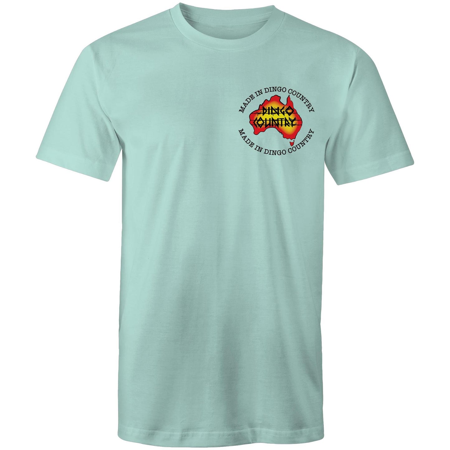 Front view of 'Fly in My Beer' Men's T-Shirt by Dingo Country – plain aqua tee with the colourful logo reading 'Made in Dingo Country'