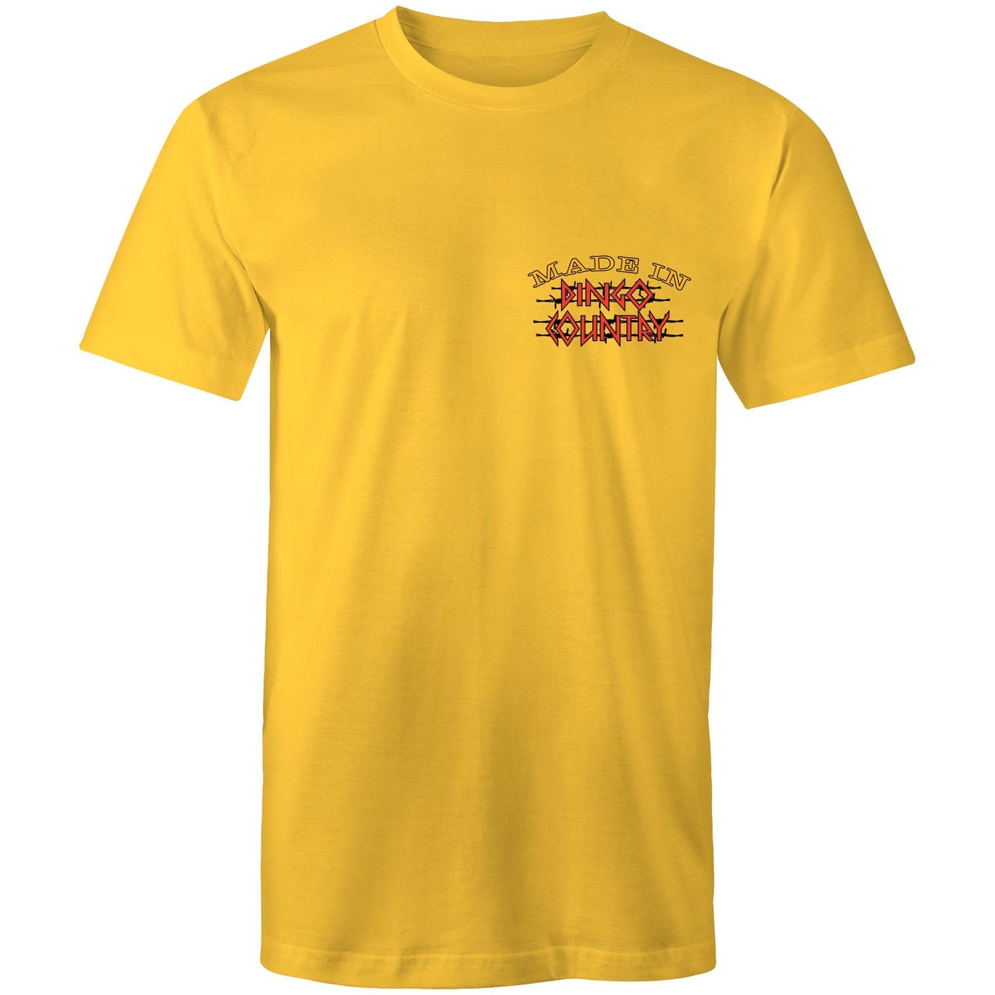 Men's yellow T-shirt with a small 'Made in Dingo Country' chest logo, signifying understated Australian pride and a love for homegrown science.
