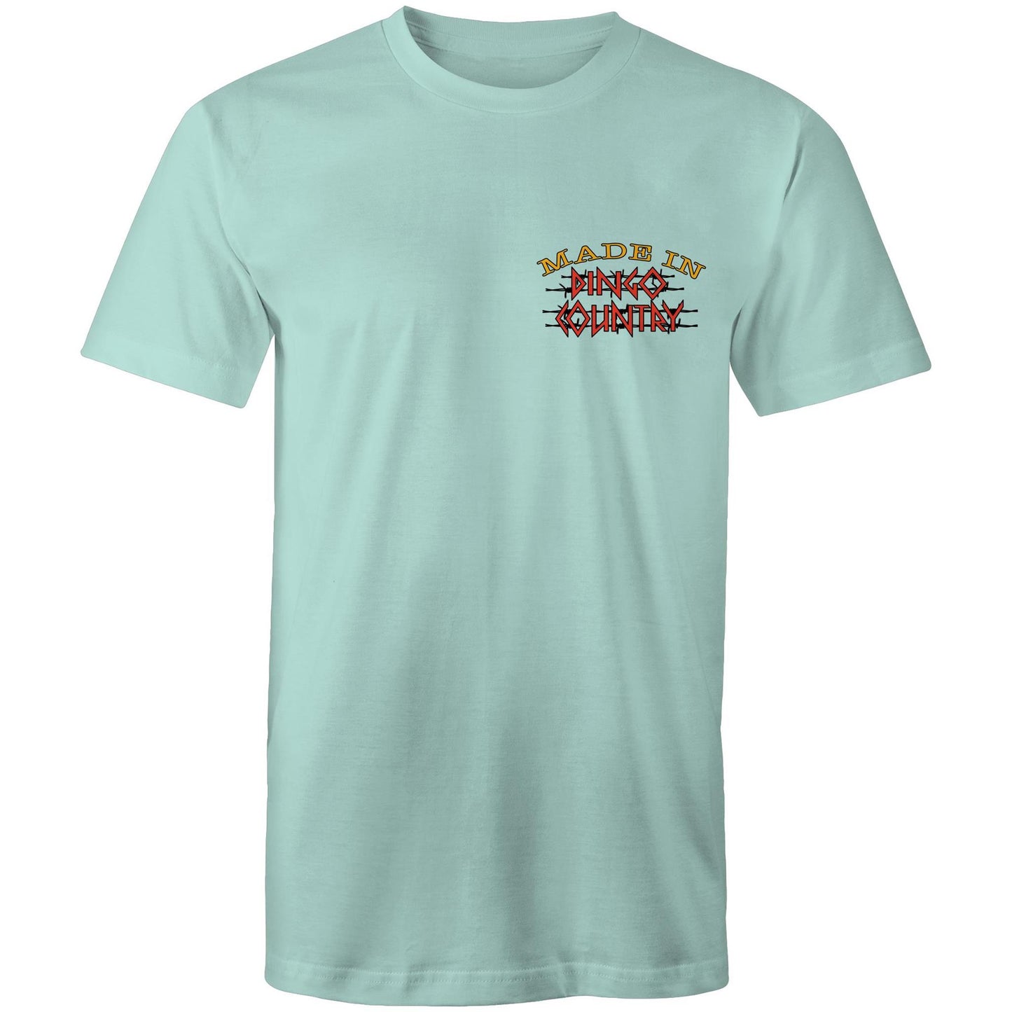 A aqua men's t-shirt with a small, central chest print that reads "Made in Dingo Country", The print is stylized with the Australian flag colors and distressed lettering to give a rugged, patriotic feel.