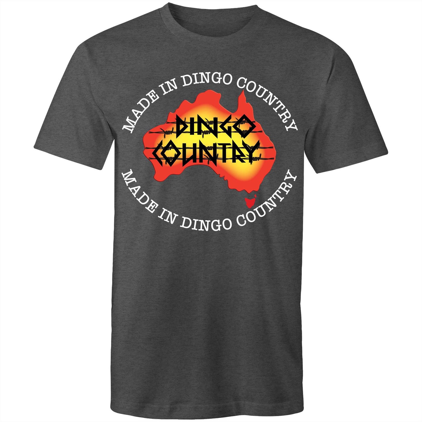 Men's asphalt T-shirt highlighting a map of Australia with a 'Made in Dingo Country' motif, combining national pride and a sunburnt colour palette.