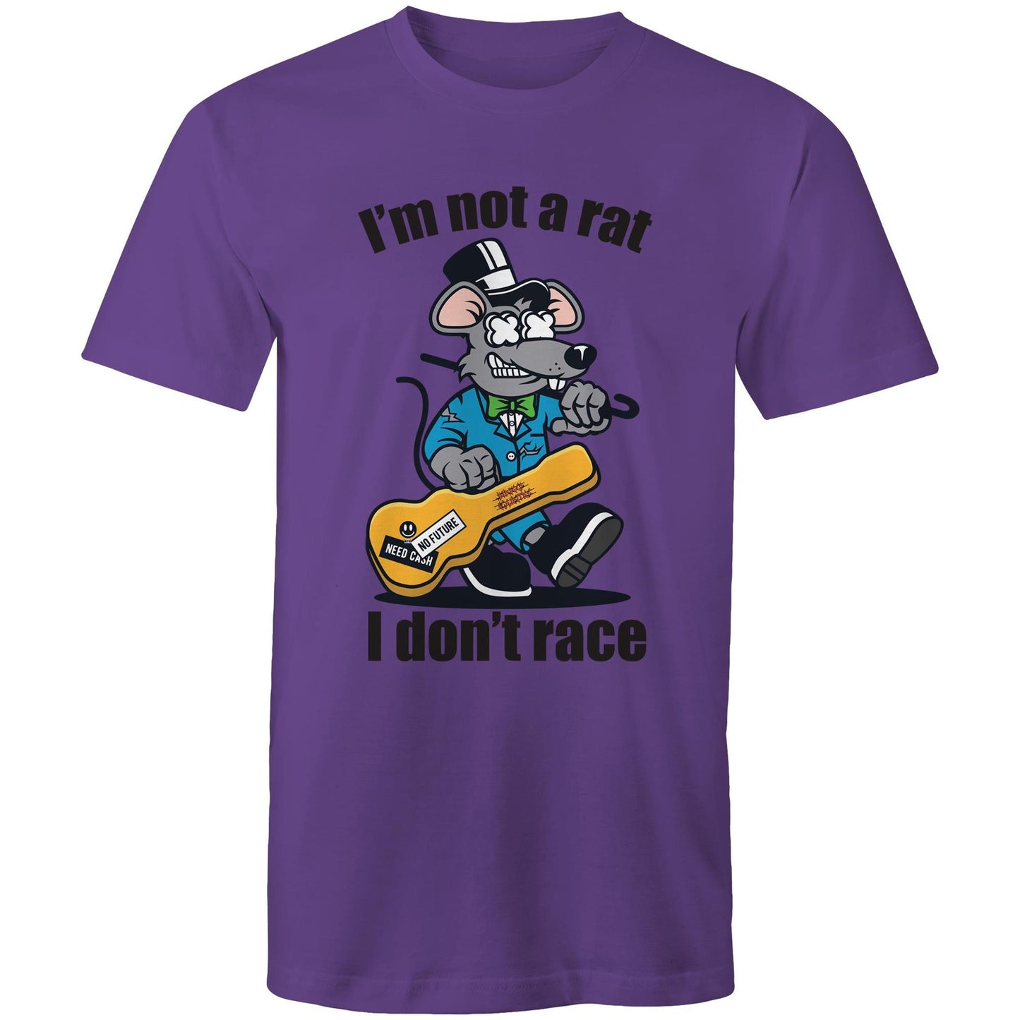Men's purple t-shirt with a cartoon rat playing guitar and 'I'm Not a Rat, I Don't Race' text - part of Dingo Country's Art & Humour Collection.