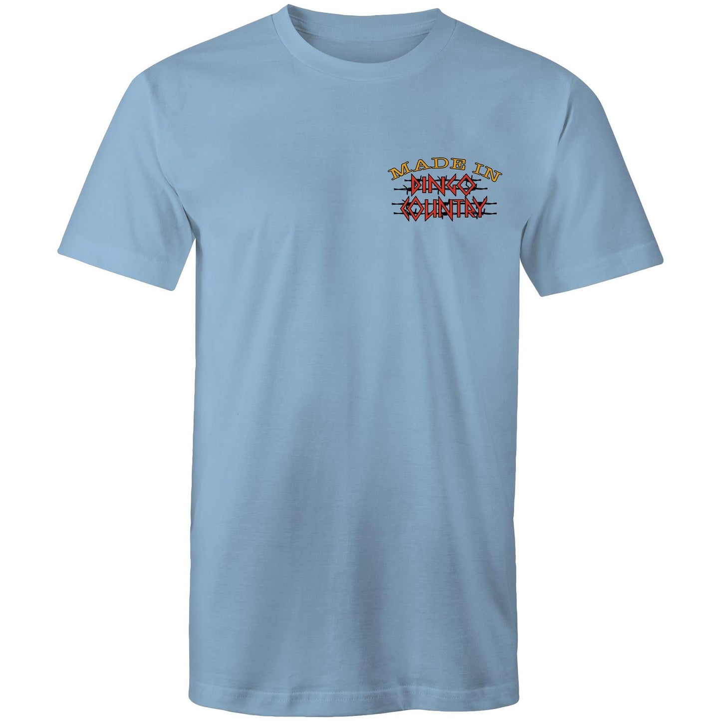 Carolina blue men's t-shirt with 'Made in Dingo Country' small chest print in red and black.
