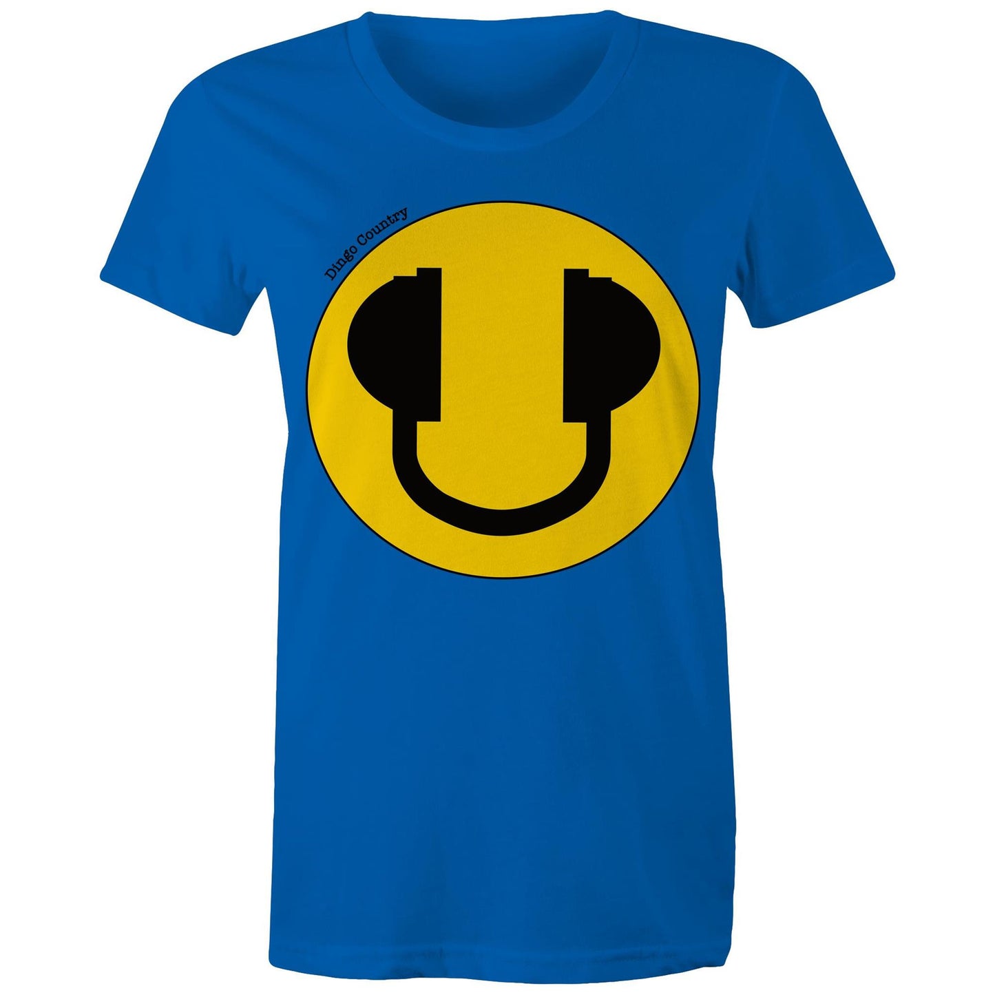 Women's Maple Tee in bright royal with a bold yellow smiley face and headphone design, expressing a fun-loving music vibe, available at Dingo Country.