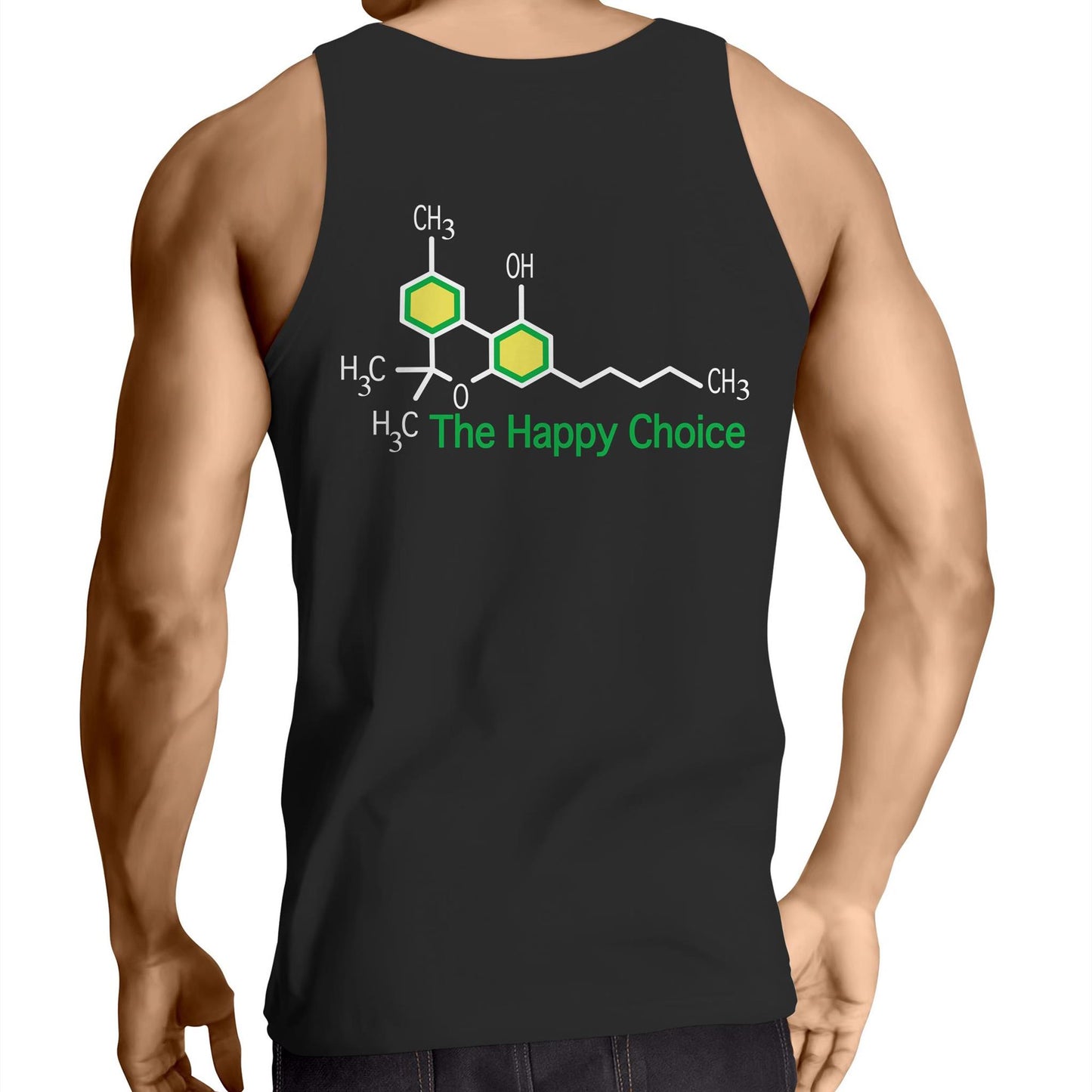 Rear view of a black men's singlet showing the green THC molecular graphic and 'The Happy Choice' slogan, merging scientific intrigue with casual fashion