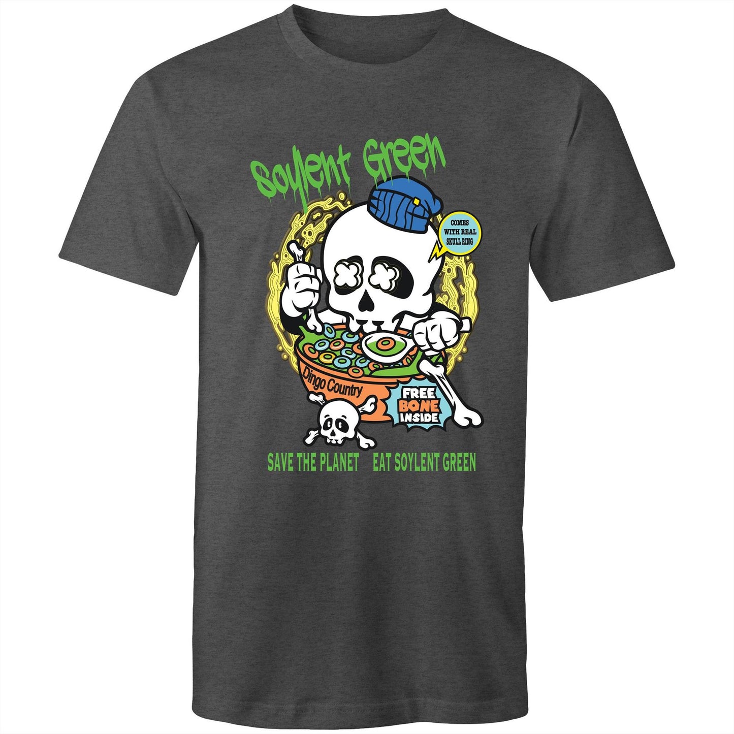 Asphalt men's T-shirt with a colourful 'Soylent Green' graphic, showcasing a skull eating cereal and a 'Save the Planet, Eat Soylent Green' message.