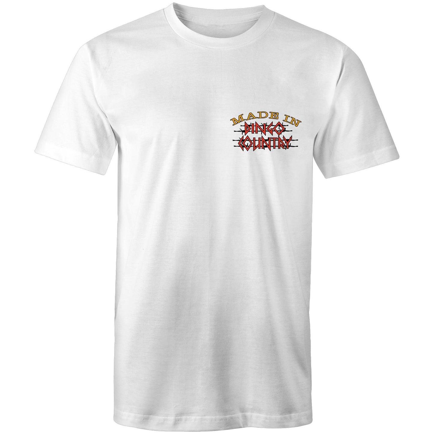 Men's white T-shirt with a small 'Made in Dingo Country' chest logo, signifying understated Australian pride and a love for homegrown science.
