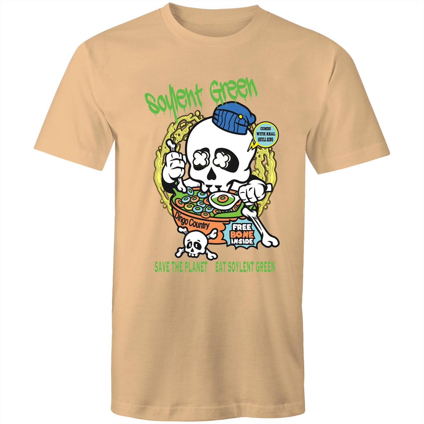 Tan men's T-shirt with a colourful 'Soylent Green' graphic, showcasing a skull eating cereal and a 'Save the Planet, Eat Soylent Green' message.
