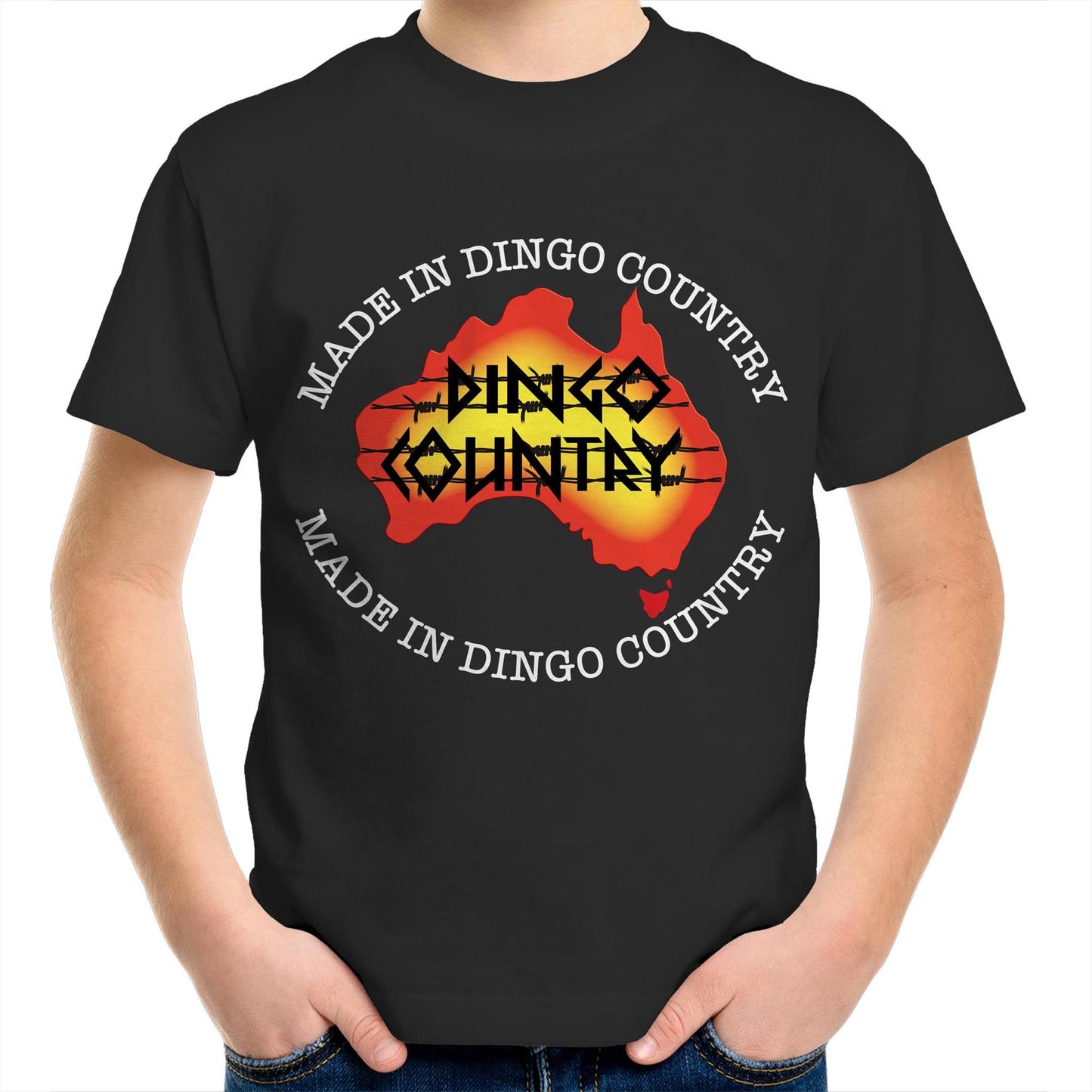 Child's black crew-neck t-shirt with 'Made in Dingo Country' Australia map design, available in 10 vibrant colors for a fun Australian-themed style.