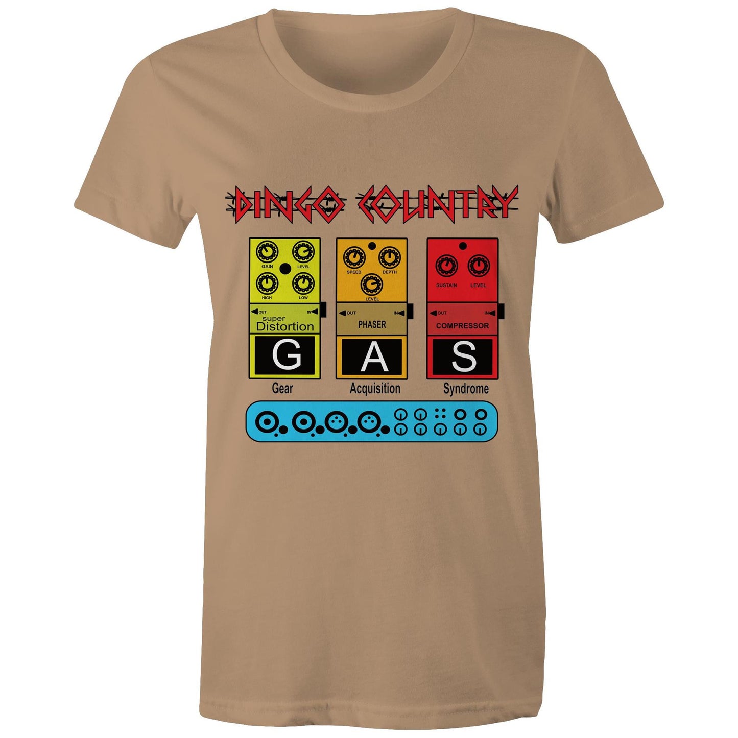 Close-up of the GAS Effect Pedal Women's T-Shirt tan by Dingo Country, celebrating music gear culture