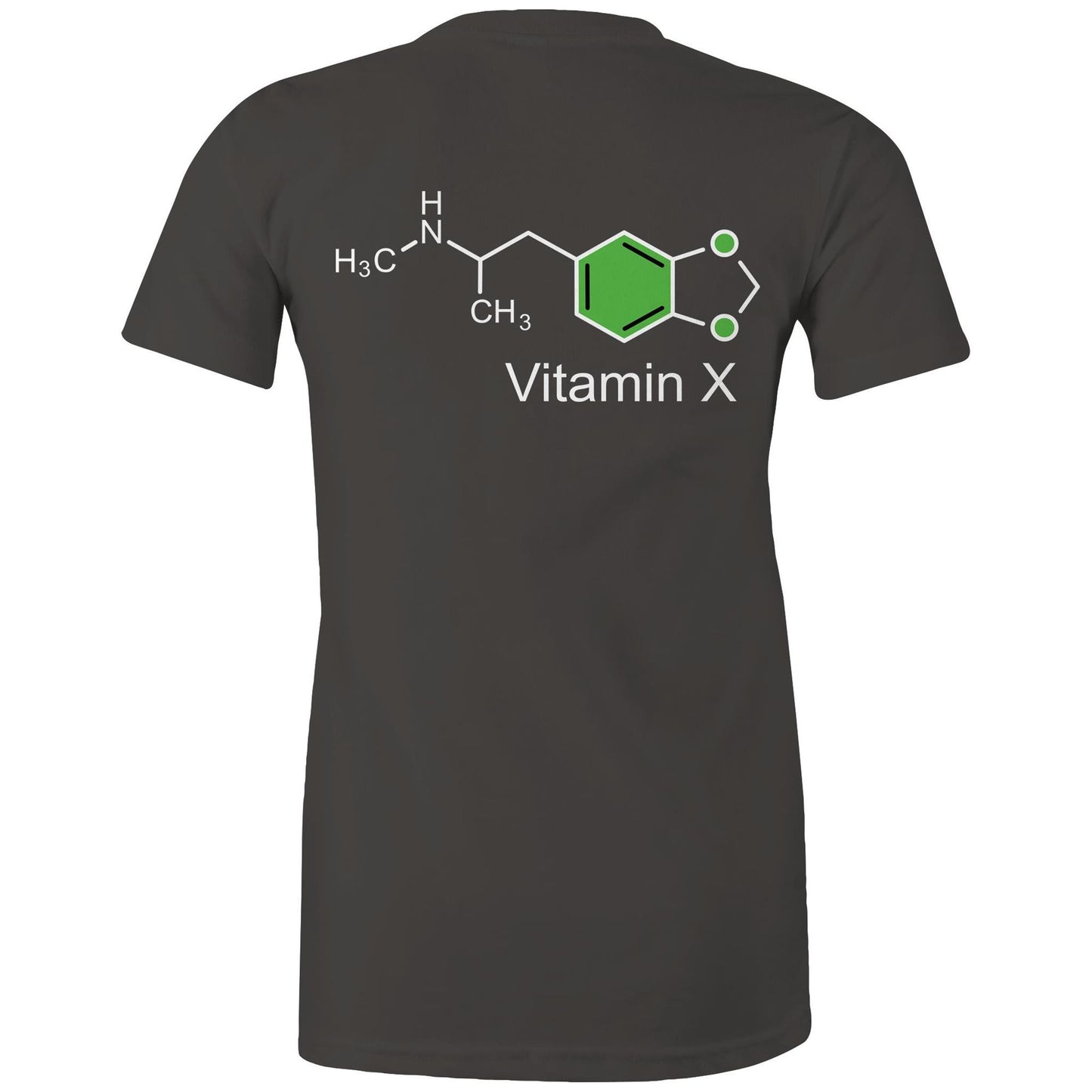 Chemical structure of MDMA, labeled "Vitamin X" on the back of a charcoal women's maple tee.