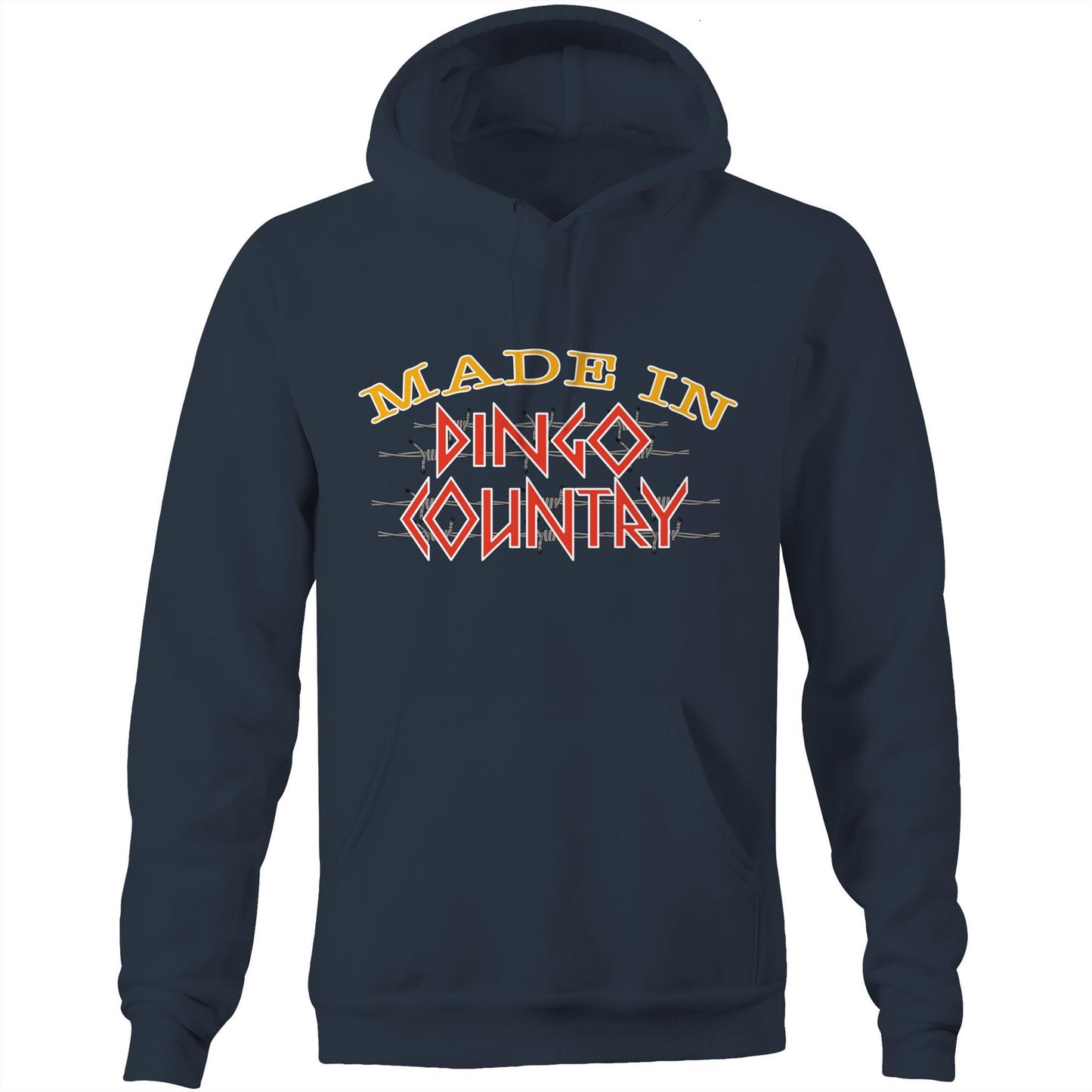 Cozy navy pocket hoodie featuring the 'Made in Dingo Country' logo, available in eight colours for a snug, patriotic look.