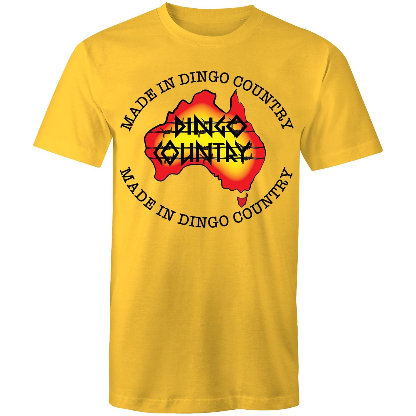 Men's yellow T-shirt highlighting a map of Australia with a 'Made in Dingo Country' motif, combining national pride and a sunburnt colour palette.