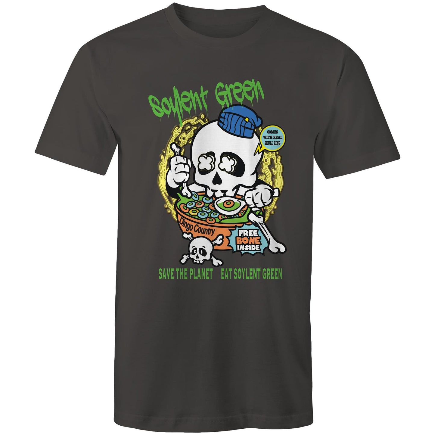 Charcoal men's T-shirt with a colourful 'Soylent Green' graphic, showcasing a skull eating cereal and a 'Save the Planet, Eat Soylent Green' message.