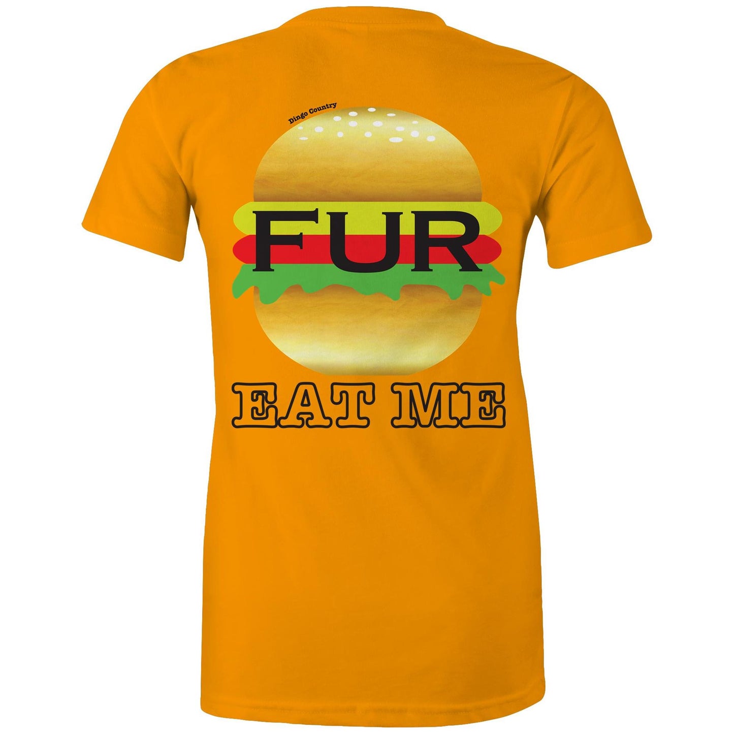 Rear view of Dingo Country's orange Maple Tee, with the playful 'FUR BURGER EAT ME' burger graphic.
