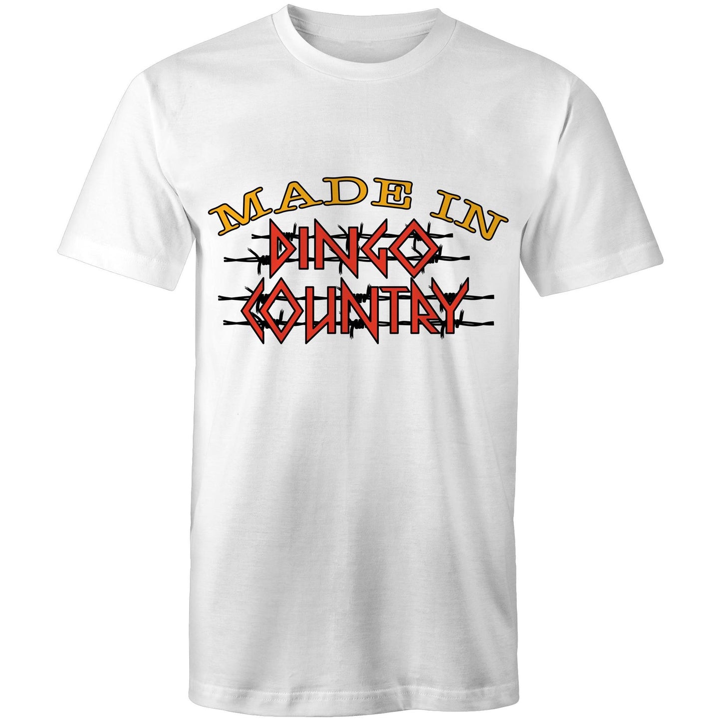 Men's classic white t-shirt emblazoned with 'Made in Dingo Country' logo, available in 11 unique colours to match any style