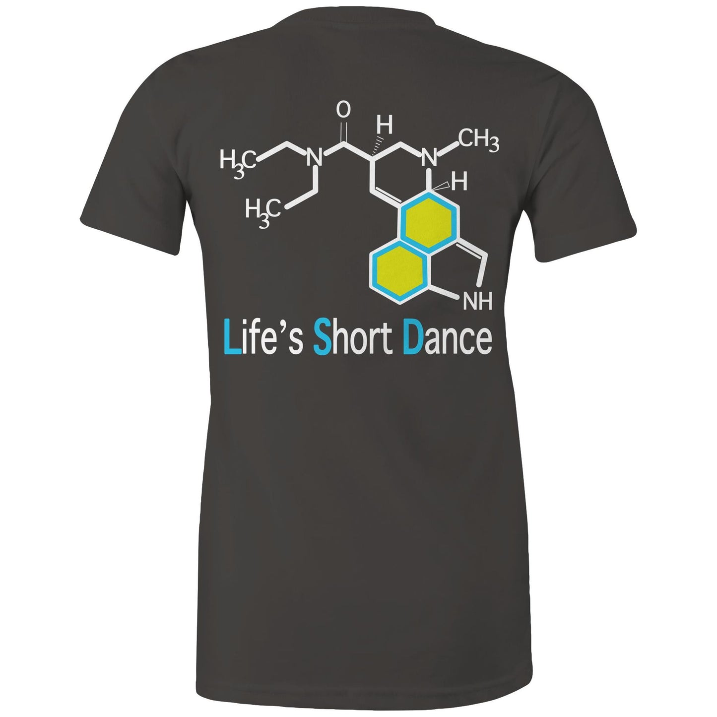 Back view of 'Life’s Short Dance' Women's Black Maple Tee displaying the large molecular graphic and the slogan "life's short dance"