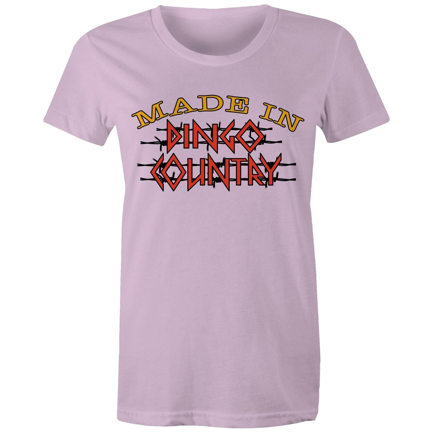 Comfortable lavender Women's Maple Tee with 'Made in Dingo Country' graphic in bold yellow and red, capturing the adventurous Aussie spirit