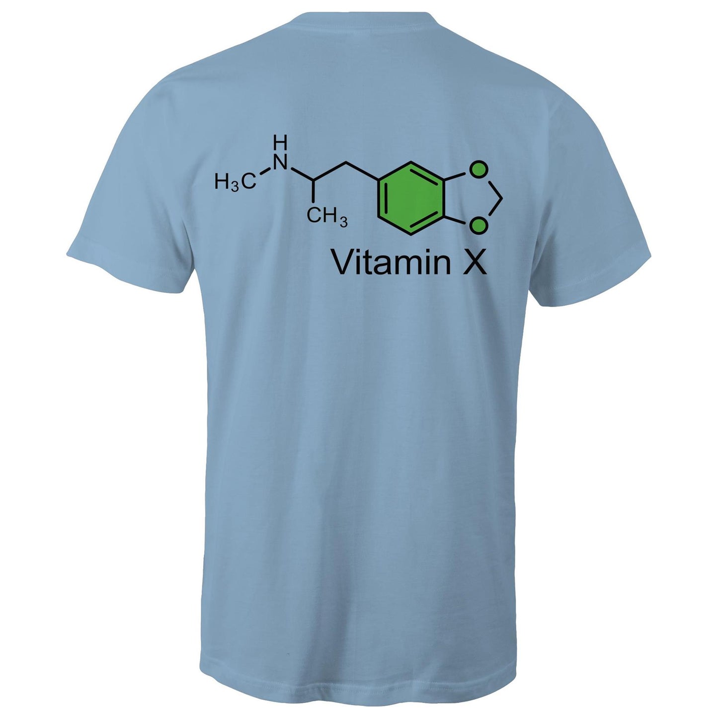 Back of the Carolina blue t-shirt displaying the green and black MDMA molecular structure with 'Vitamin X' text, celebrating scientific curiosity