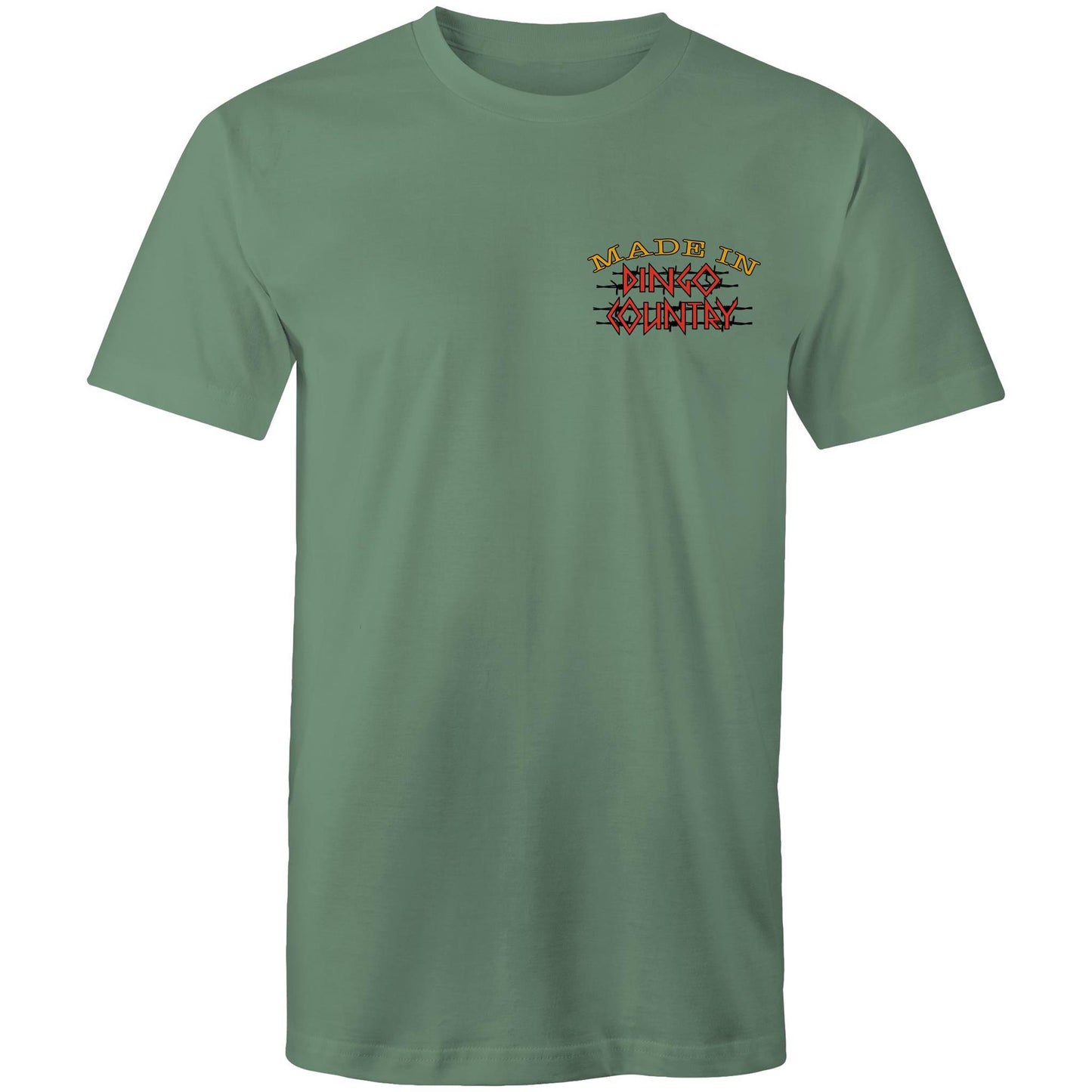 Sage men's t-shirt with 'Made in Dingo Country' small chest print in red and black.