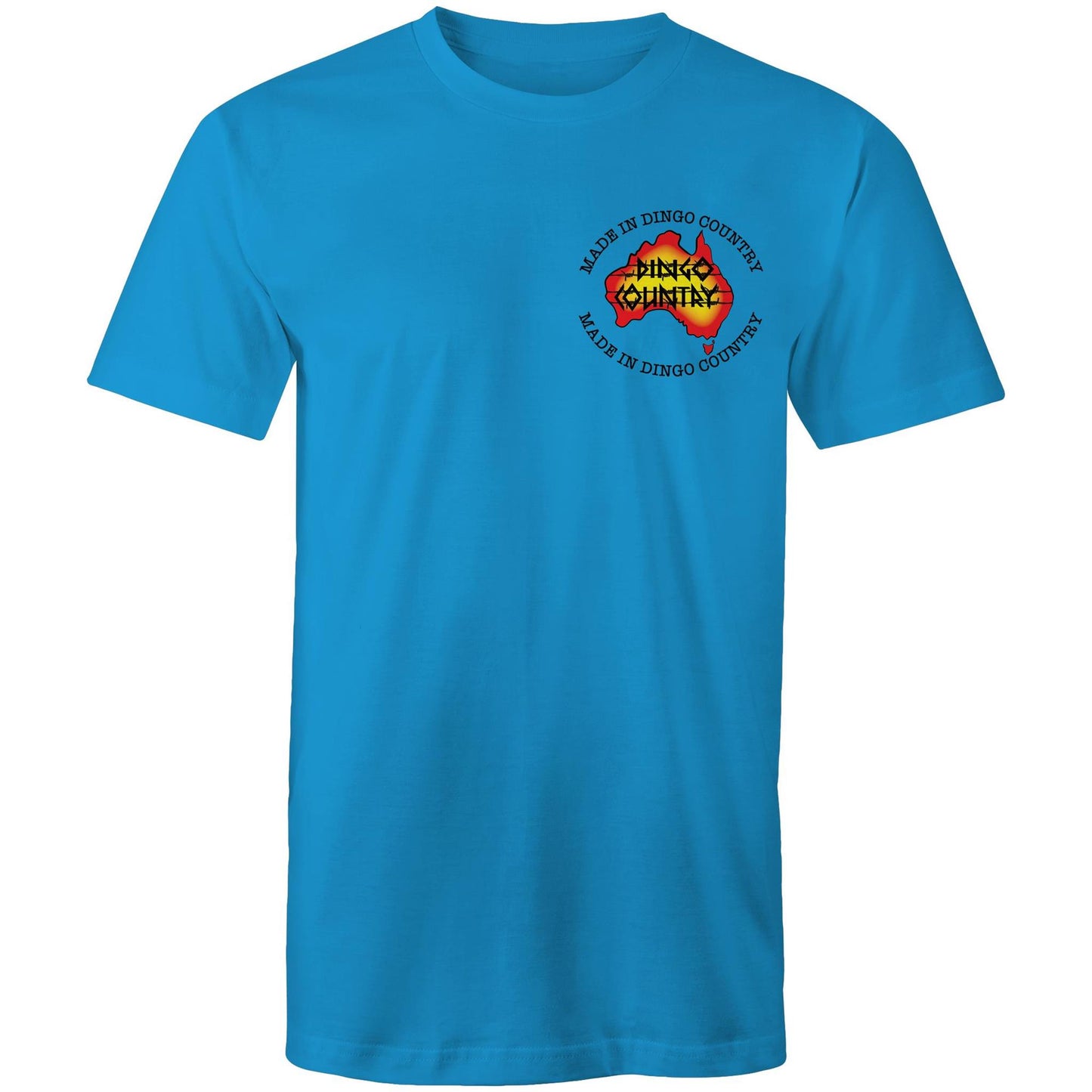 Front view of 'Fly in My Beer' Men's T-Shirt by Dingo Country – plain arctic blue tee with the colourful logo reading 'Made in Dingo Country'
