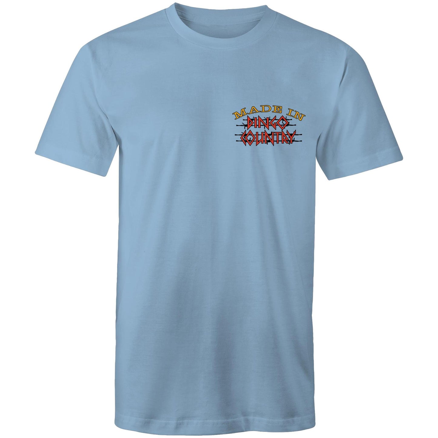 A Carolina blue men's t-shirt with a small, central chest print that reads "Made in Dingo Country", The print is stylized with the Australian flag colors and distressed lettering to give a rugged, patriotic feel.