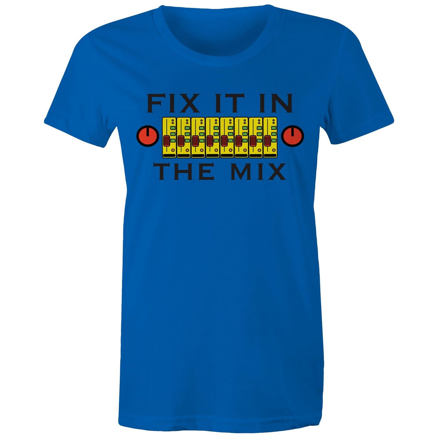 Fix It In The Mix' women's maple tee in bright royal blue with colorful mixer design
