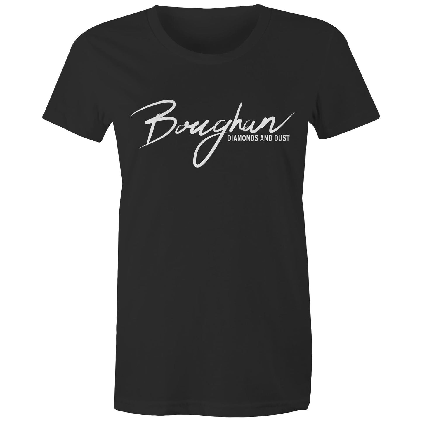 Women's black Maple Tee with 'Boughan - Diamonds and Dust' script.