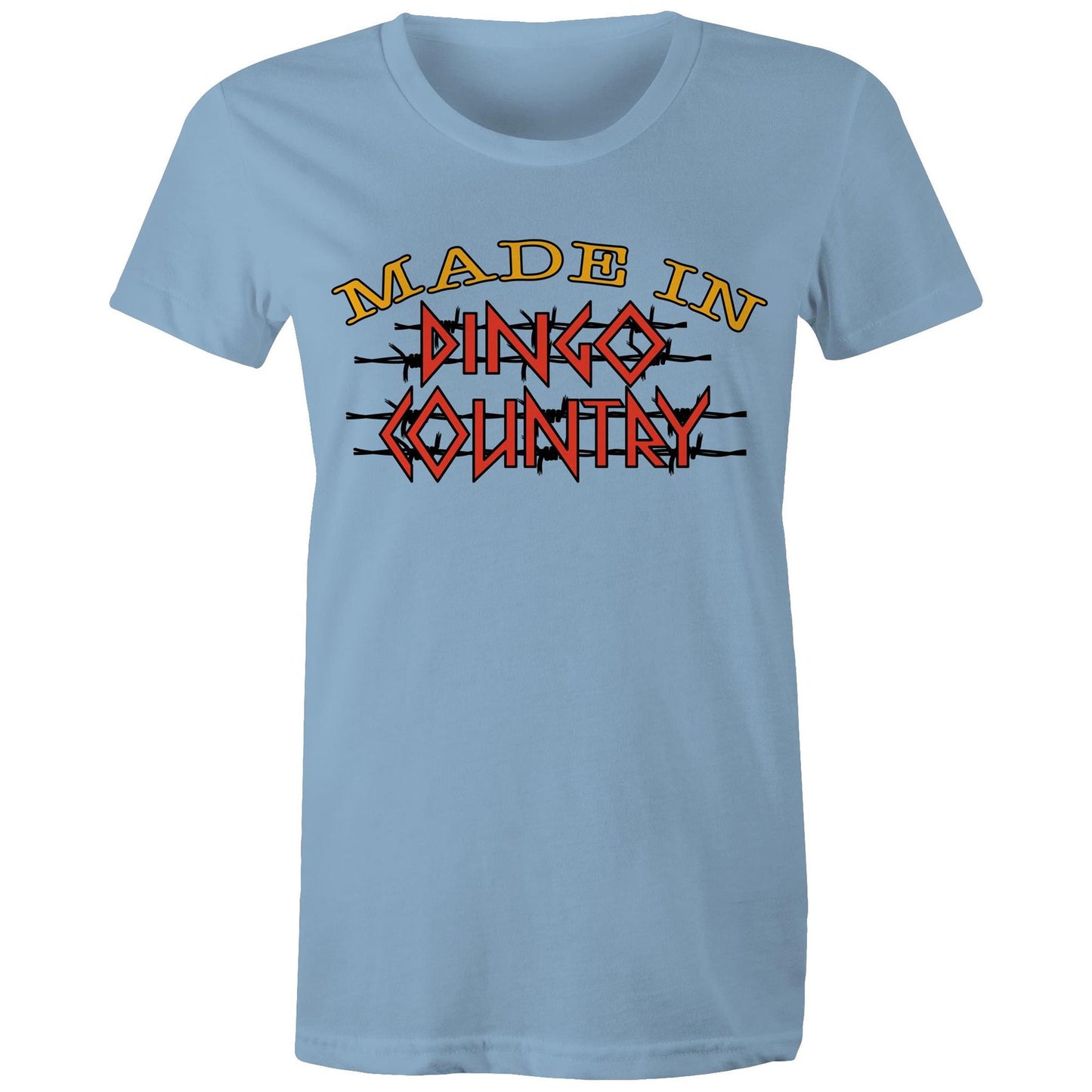 Comfortable Carolina blue Women's Maple Tee with 'Made in Dingo Country' graphic in bold yellow and red, capturing the adventurous Aussie spirit