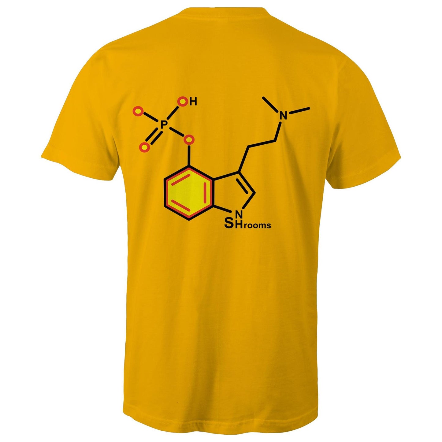 Back of the men's gold T-shirt showcasing the Psilocybin molecule, combining scientific appeal with a sharp, modern design.