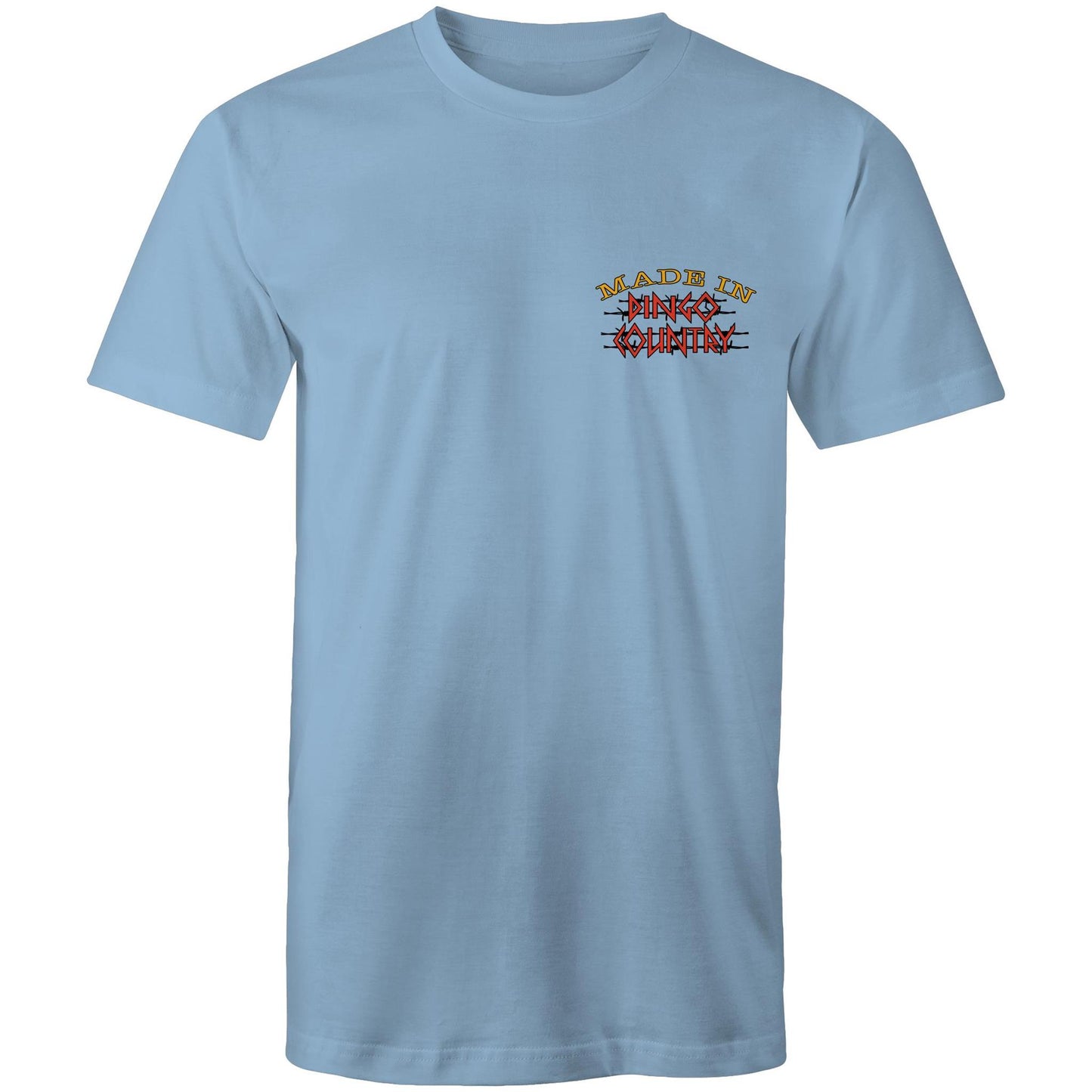 Men's casual Carolina blue T-shirt with 'Made in Dingo Country' logo on the chest, representing Australian heritage with style.