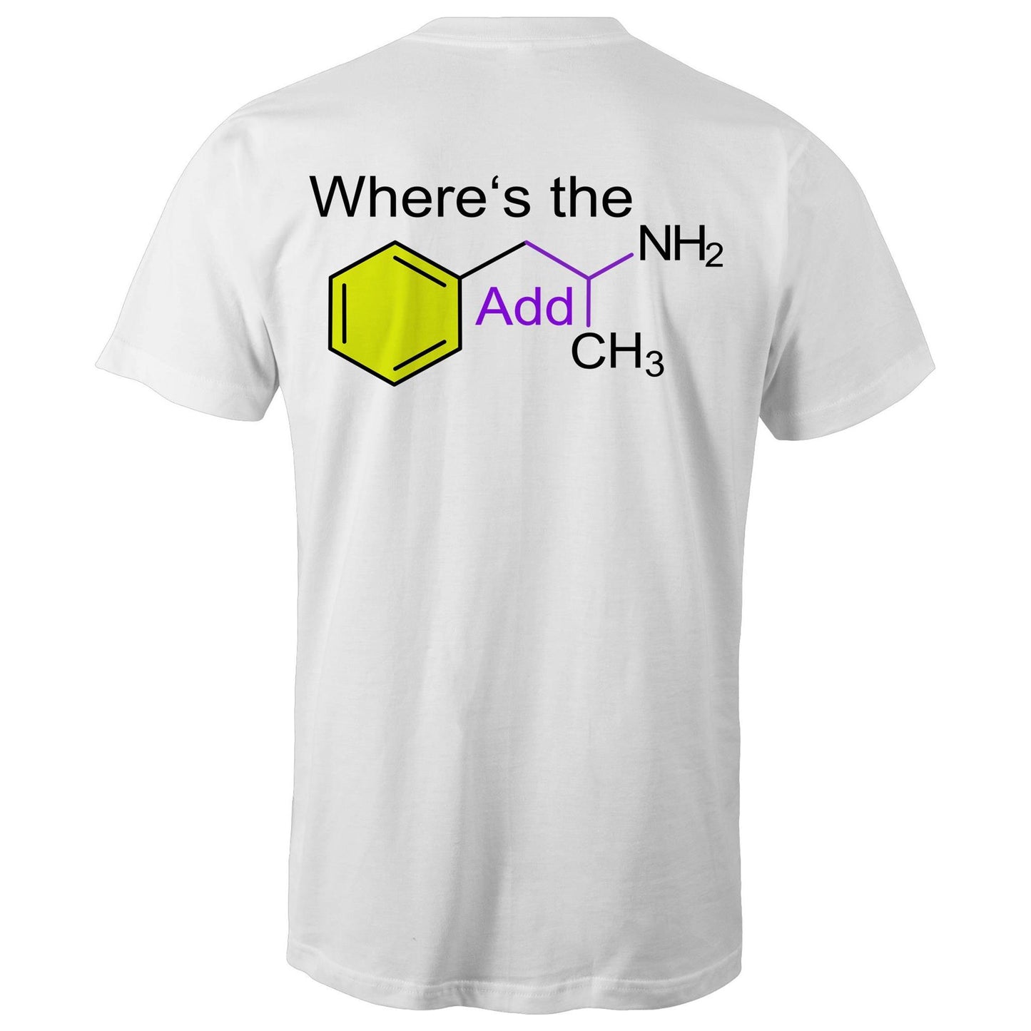 Rear view of a white men's t-shirt featuring the playful phrase "Where’s the Addy" intertwined with the molecular structure for mixed amphetamine salts. The chemical elements are highlighted with distinct colours for a striking educational yet cheeky design.