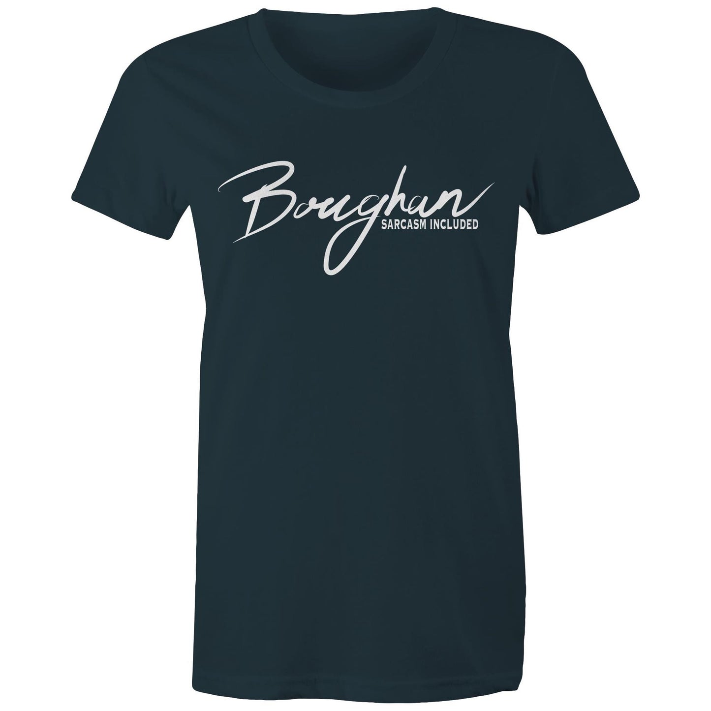 Chic Women's Maple Tee in indigo with 'Boughan - Sarcasm Included' script, merging casual style with a playful message.