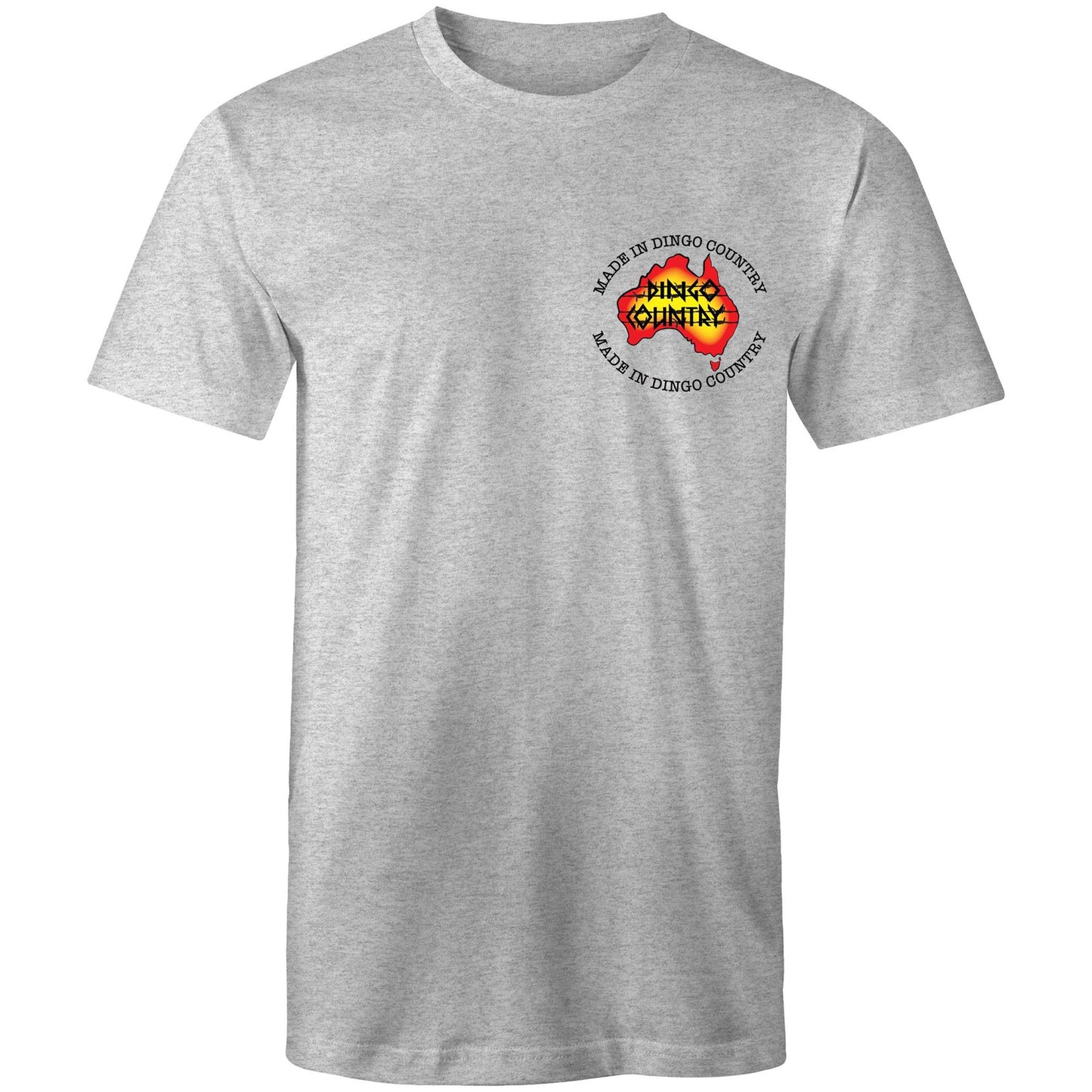 Grey t-shirt with 'Made in Dingo Country' logo on the chest in vibrant Australian colors.