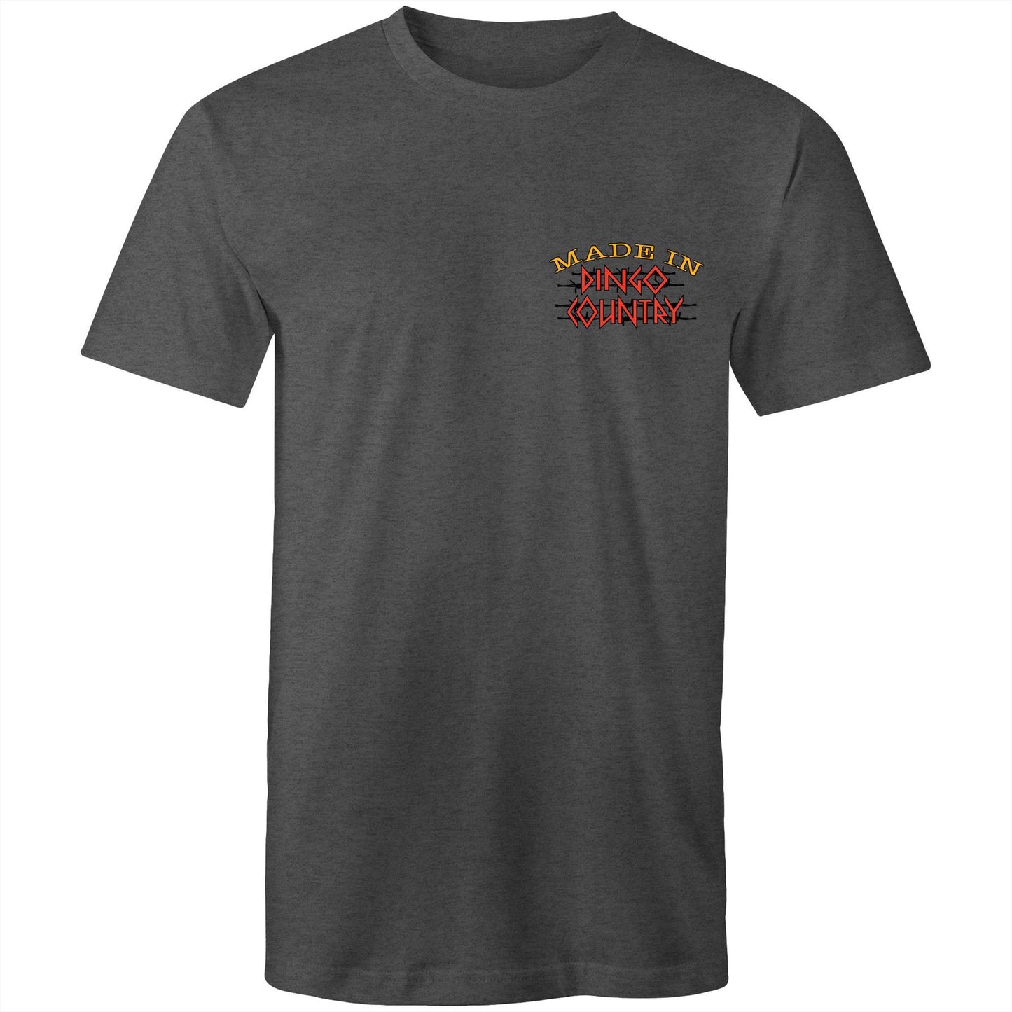 Front view of 'Life’s Short Dance' Men's T-Shirt showcasing the 'Made in Dingo Country' logo in warm earthy tones on an asphalt background.