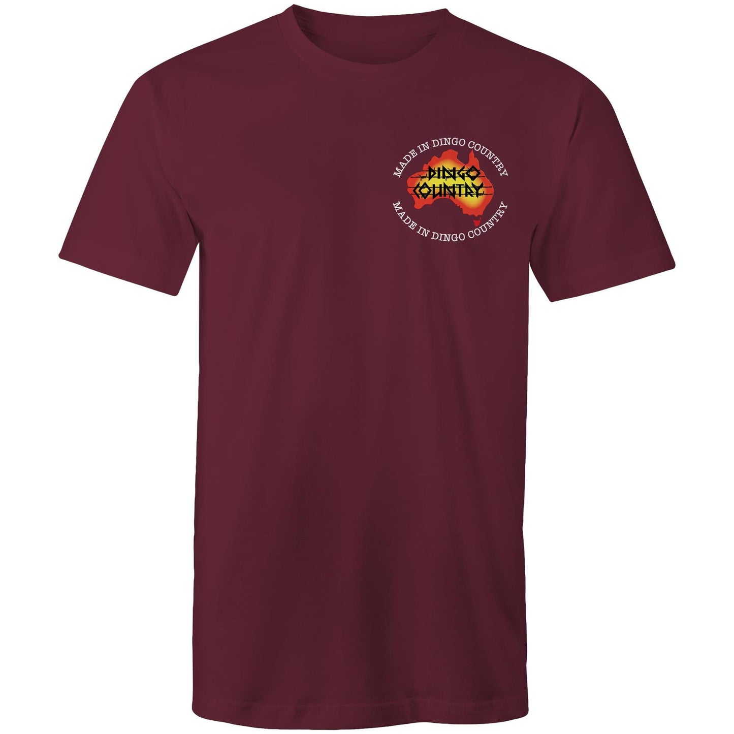 Front view of 'Fly in My Beer' Men's T-Shirt by Dingo Country – plain burgundy tee with the colourful logo reading 'Made in Dingo Country'