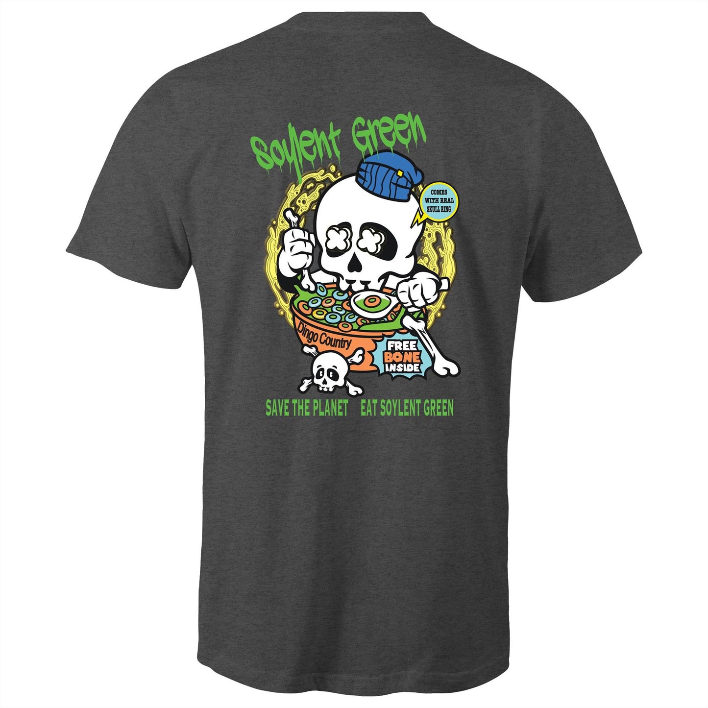 Rear view of a asphalt T-shirt featuring a colourful 'Soylent Green' graphic with a skull eating cereal, highlighting an environmental message with a twist of dark humour.