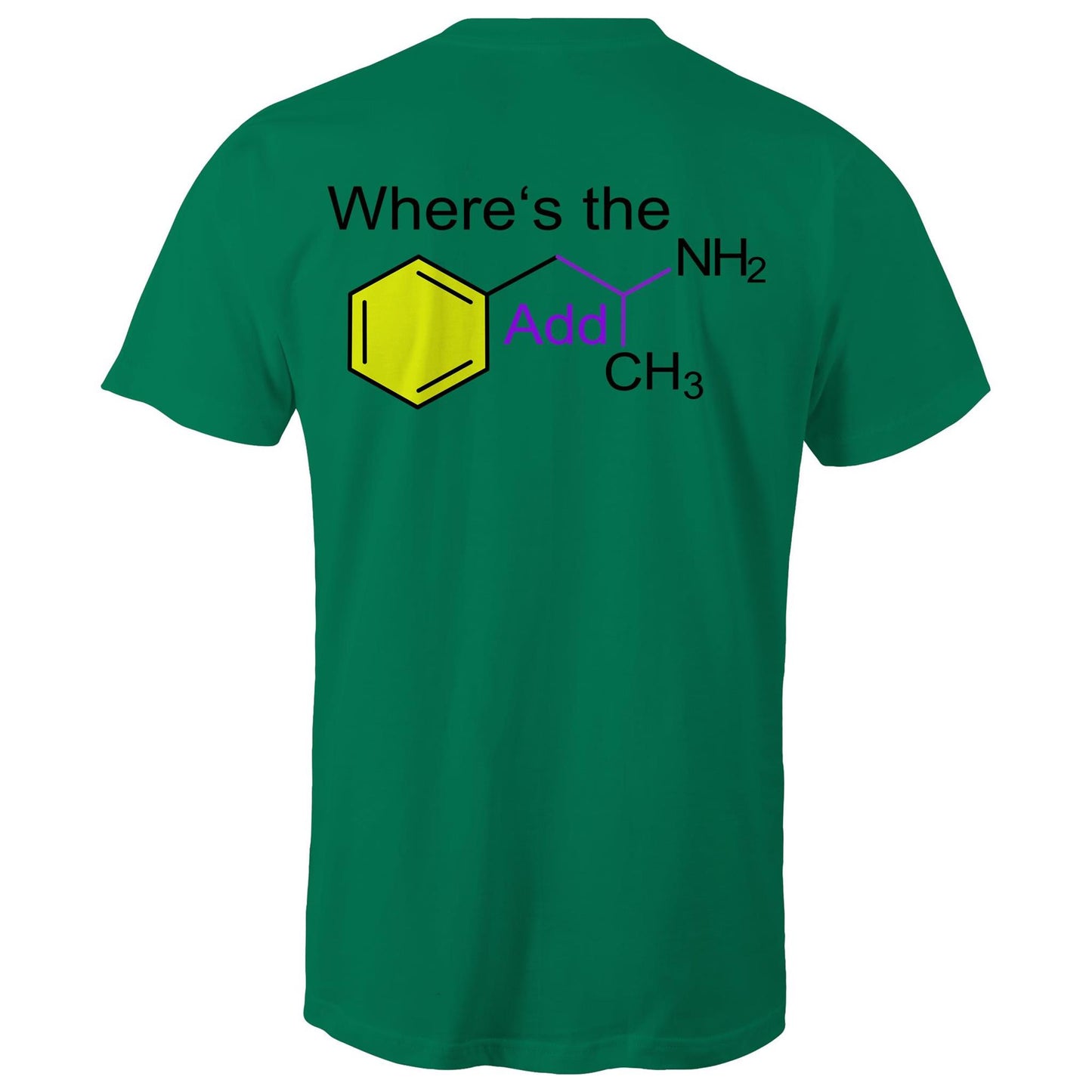 Rear view of a kelly green men's t-shirt featuring the playful phrase "Where’s the Addy" intertwined with the molecular structure for mixed amphetamine salts. The chemical elements are highlighted with distinct colours for a striking educational yet cheeky design.