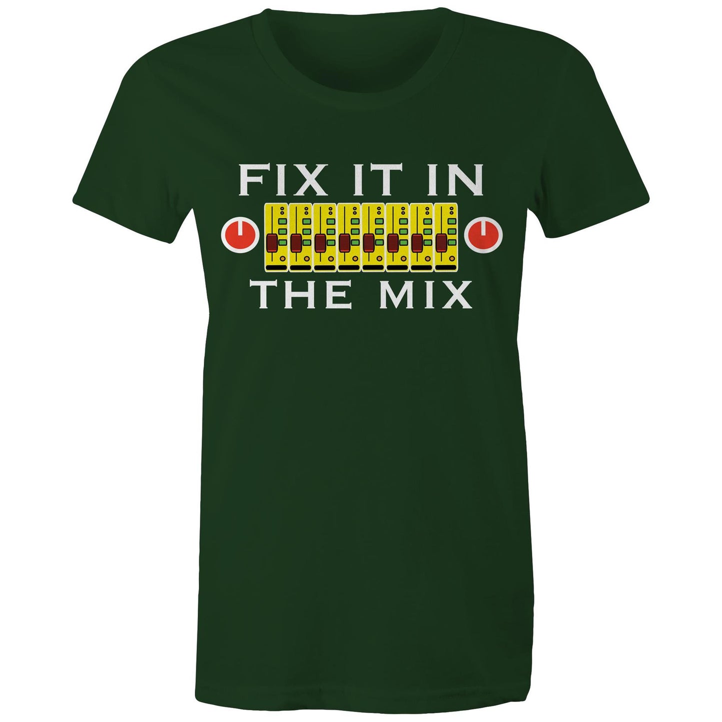 Fix It In The Mix' women's maple tee in Forrest green with colourful mixer design