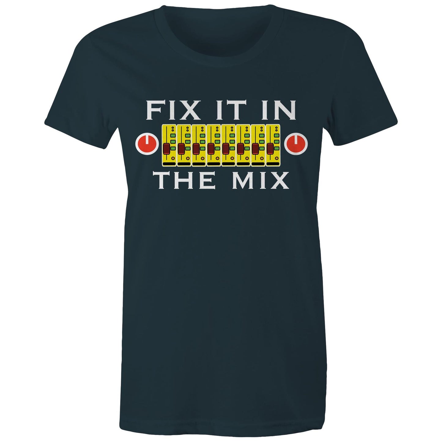 Fix It In The Mix' women's maple tee in Indigo with colourful mixer design