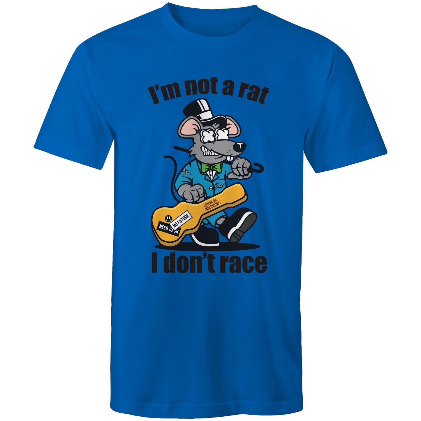 Men's bright royal t-shirt with a cartoon rat playing guitar and 'I'm Not a Rat, I Don't Race' text - part of Dingo Country's Art & Humour Collection.