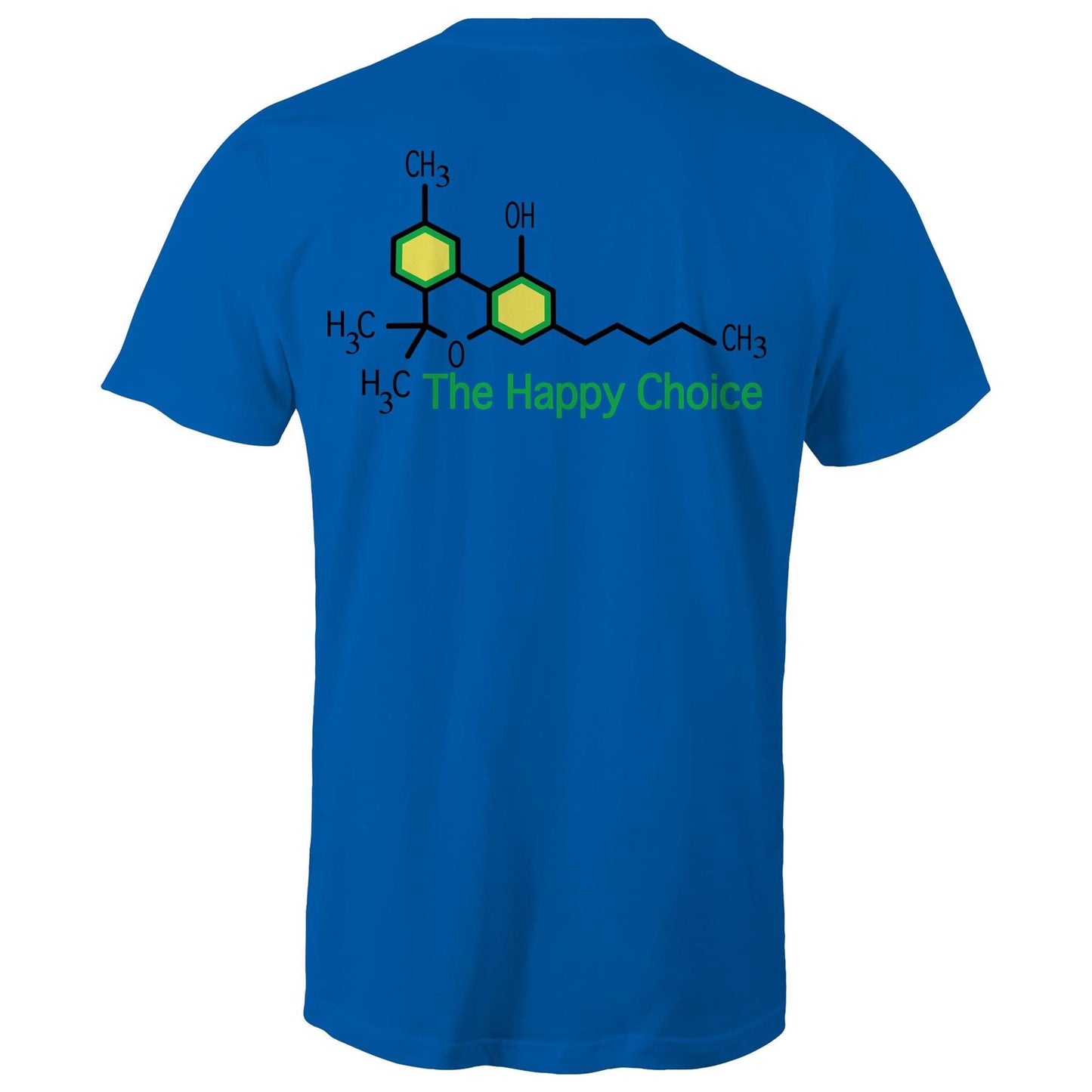 Rear view of a bright royal T-shirt showing the chemical structure of Tetrahydrocannabinol (THC) with 'The Happy Choice' tagline, merging fun with pharmacological interest.
