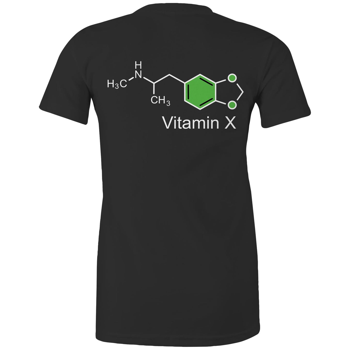 Chemical structure of MDMA, labeled "Vitamin X" on the back of a black women's maple tee.
