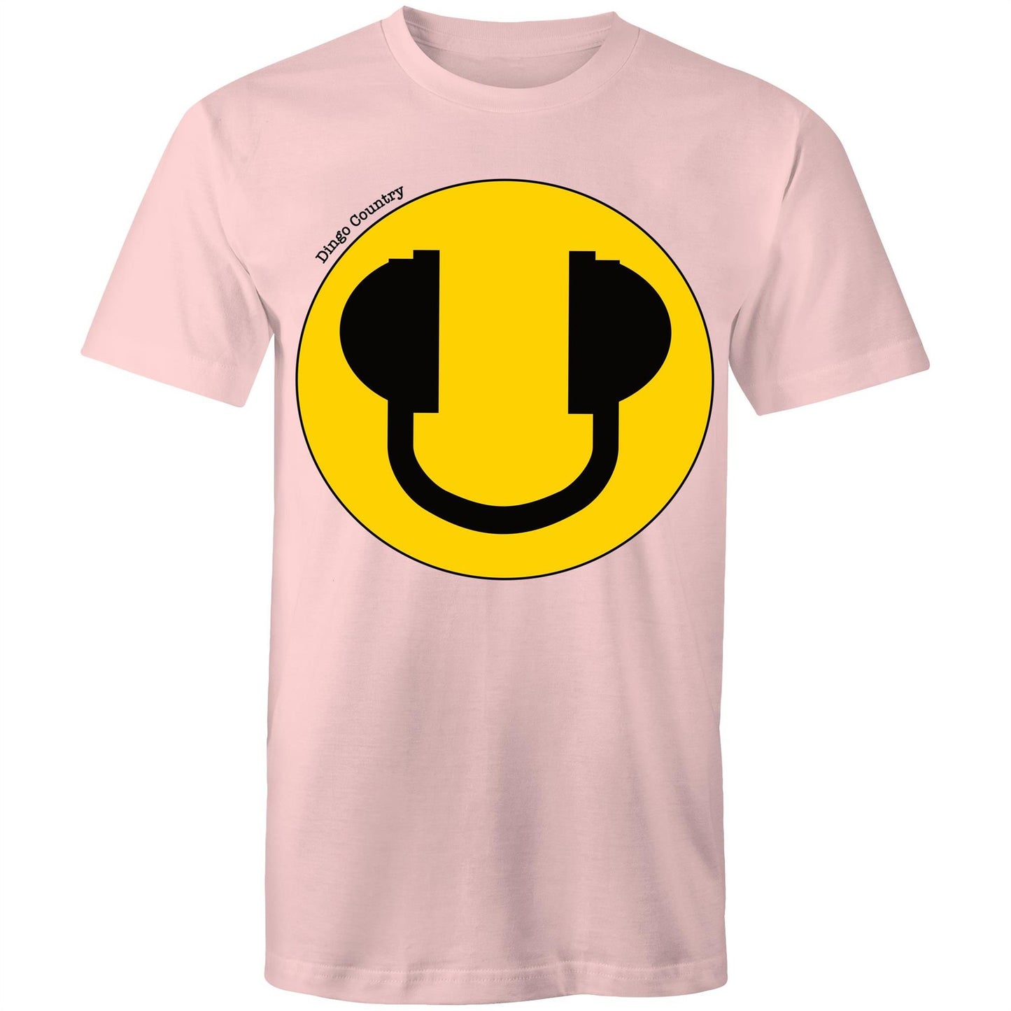 Men's pink T-Shirt featuring a large smiley face with headphone design, available in 13 colors, showcasing a playful and music-inspired style from Dingo Country.