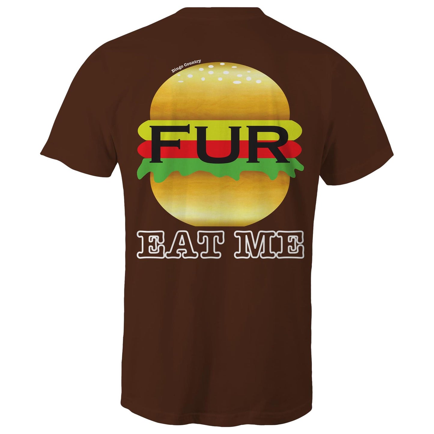 Back of Dark chocolate t-shirt displaying a humorous 'EAT ME' text with a stylized Fur burger graphic, blending Australian slang with playful design