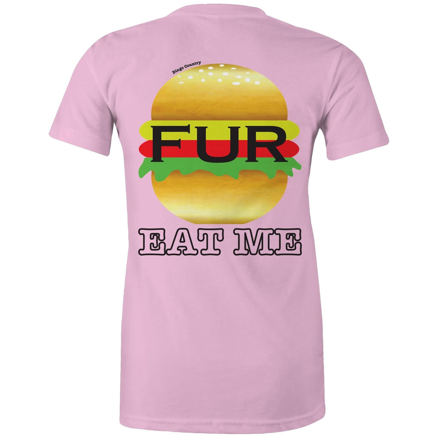 Rear view of Dingo Country's pink Maple Tee, with the playful 'FUR BURGER EAT ME' burger graphic.